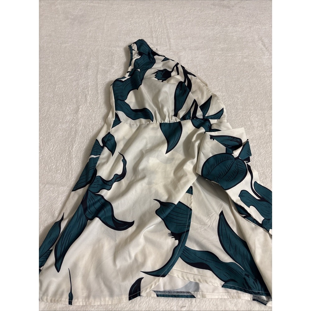 Women's One Shoulder Floral Blouse Top Ivory Teal Long Sleeve Size Small